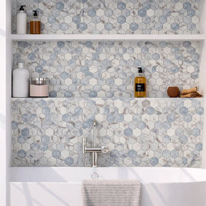 Vistan Hexagon Sky Blue Matte Recycled Glass Mosaic Tile – 11" x 12.7”