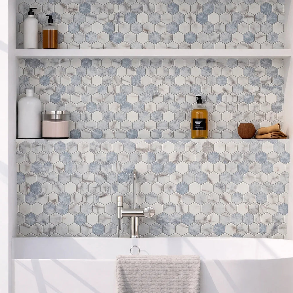 Vistan Hexagon Sky Blue Matte Recycled Glass Mosaic Tile – 11" x 12.7” - Sample